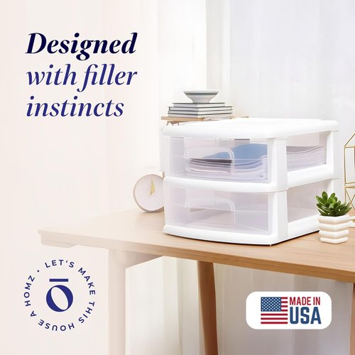HOMZ 2-Pack Storage Cart - Clear Plastic Drawers, 14.25" Wide, White Frame | Ideal for Home & Office Organization