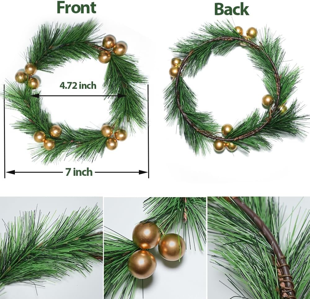 Skiennix Christmas Candle Rings - 4pcs Artificial Golden Berries & Greenery for Table Decor