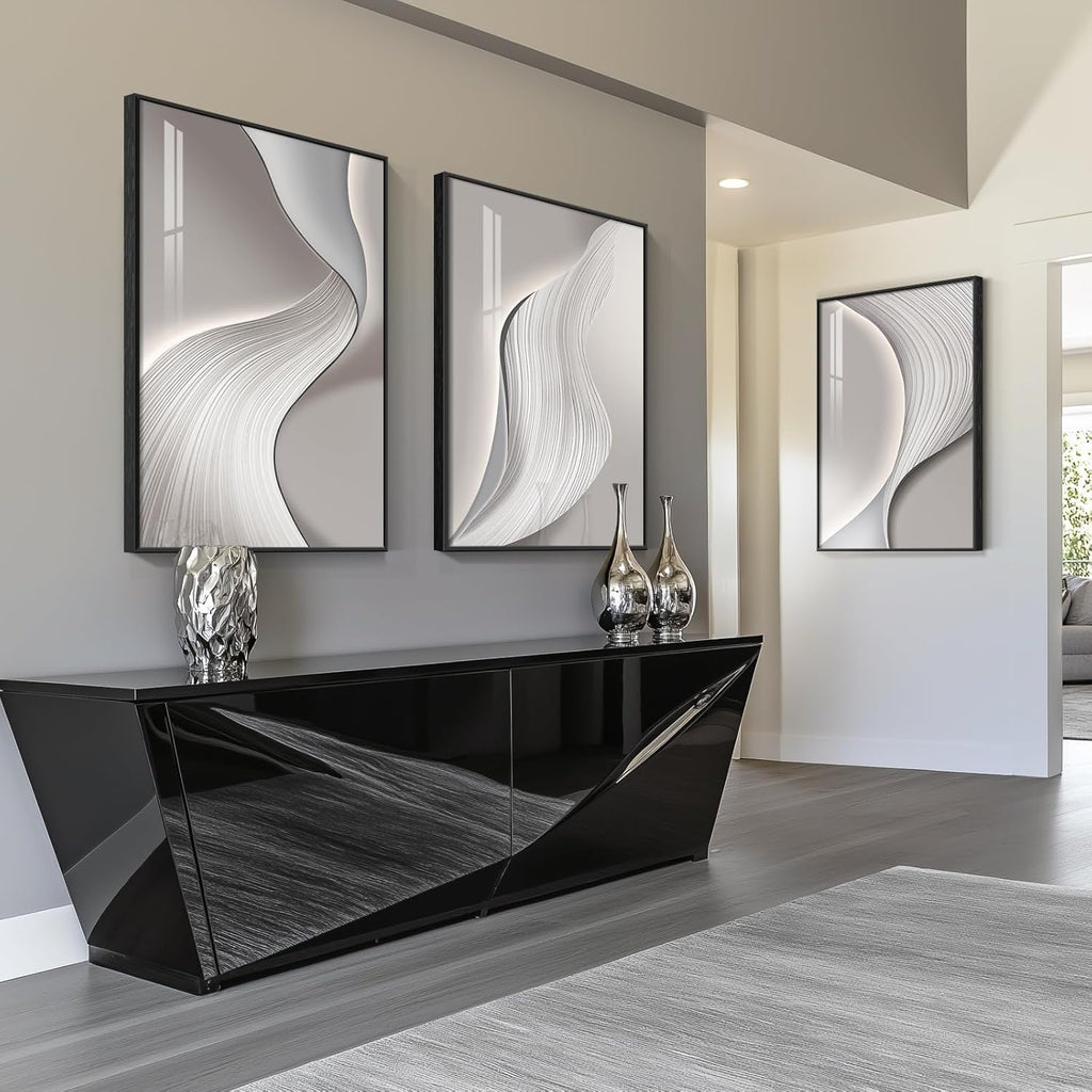 Skiennix Large Framed Modern Abstract Wall Art - Minimalist Silver Gray Prints for Living Room | 24x36 In