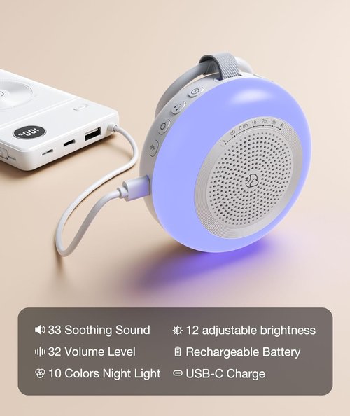 LEICEX Portable Sound Machine - 33 Soothing Sounds & 10 Color Night Light for Babies | Timer & Memory Features
