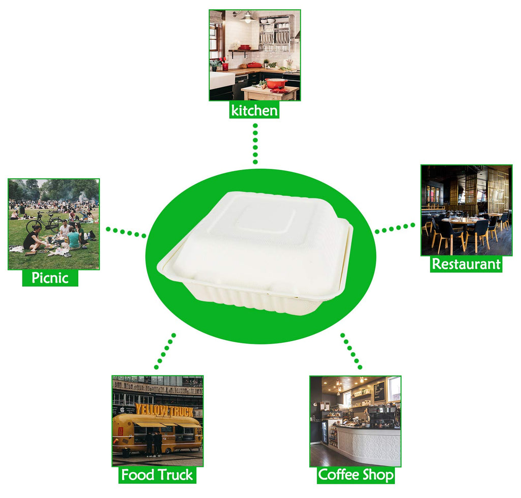 Green Earth 8-Inch, 200-Count, 1-Compartment, Compostable Clamshell, Natural Bagasse (Sugarcane Fiber), Take-Out/to-Go Boxes - Microwave-Safe