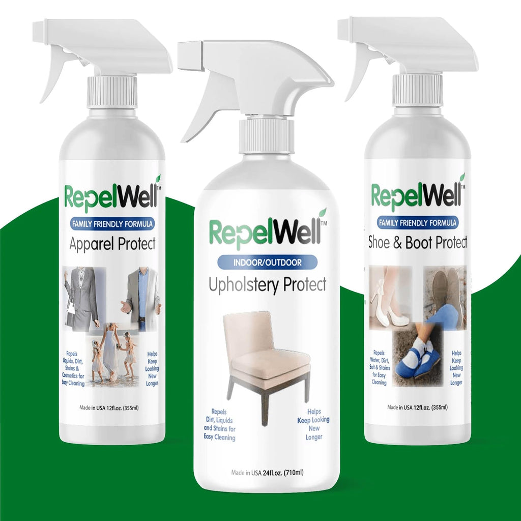 RepelWell 3-Pack Total Care Kit | Fabric & Footwear Protection Spray Bundle - Shoe & Boot, Upholstery, and Apparel Protectant spray – Stain & Water Repellent for Home, Clothes & Gear – Non-Toxic