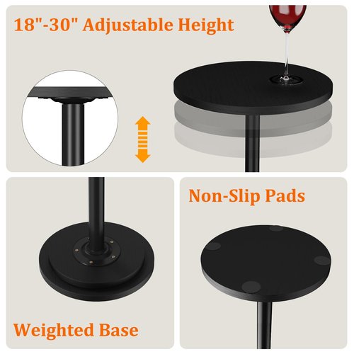 Drink Table, Small Side Table with Adjustable Height & Heavy-Duty Design, Pedestal Martini Tables for Small Spaces, Sofa Couch, Living Room, Bedroom, Supports up to 88 lbs, Black