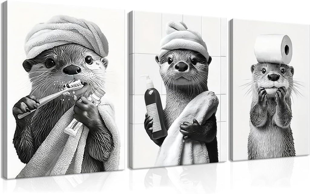 Otter Canvas Wall Art Set by Cute Bathroom | Funny Black and White Prints for Farmhouse Decor | 12x16 Inch