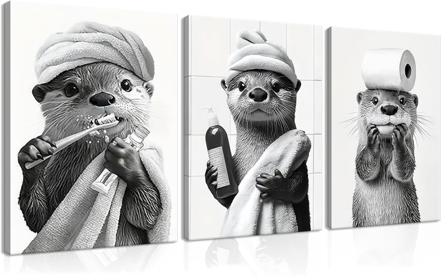 Otter Canvas Wall Art Set by Cute Bathroom | Funny Black and White Prints for Farmhouse Decor | 12x16 Inch