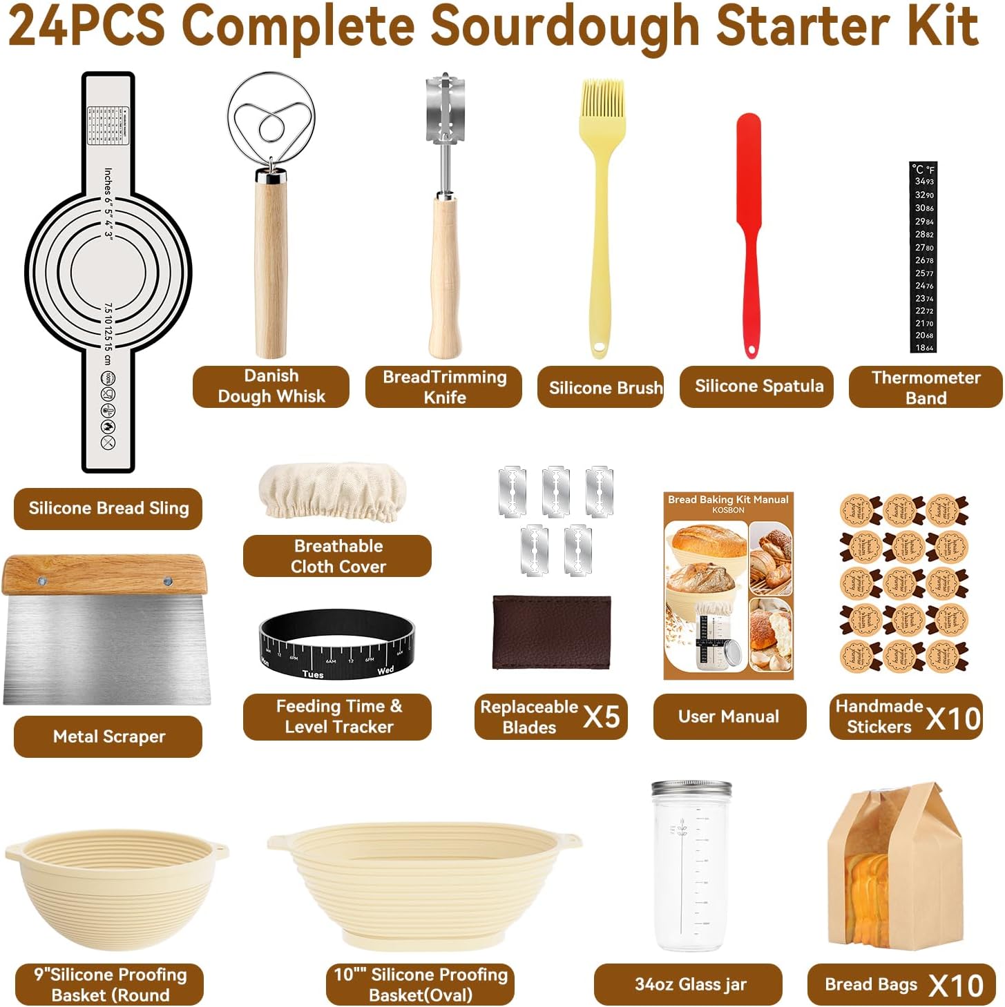 Skiennix 24 PCS Sourdough Starter Kit - Includes 34oz Starter Jar & Silicone Banneton Proofing Baskets