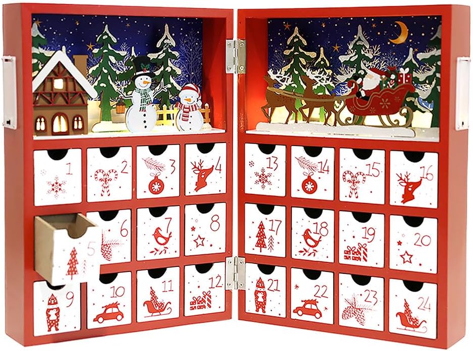 Regine Switzerland Christmas Wooden Advent Calendar - LED Lighting, Red Snowman & Santa Design, 24 Drawers for Holiday Countdown Decor