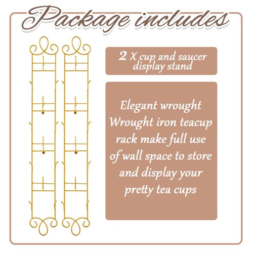 Blulu 2 Pcs Wall Mounted Tea Cup & Saucer Display Rack, 4-tier Metal Mug Holder with Plate Hangers, Decorative Wall Storage for Kitchen, Gift&Coffee Bar Display, 36'' x 5'' (Gold)