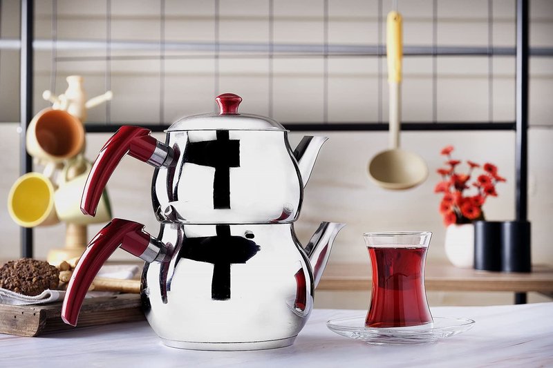 DESTALYA Turkish Teapot Set | Stainless Steel Double Tea Pots for Stove Top | Tea Maker with Strainer | Samovar Tea Kettle, Water Heater (Midi with Red Handles)