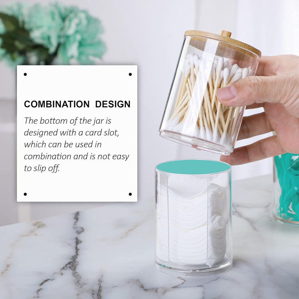Skiennix Qtip Holder Set - 3 Pcs Clear Acrylic Containers with Bamboo Lid for Cotton Swabs & Pads | Bathroom Organizer