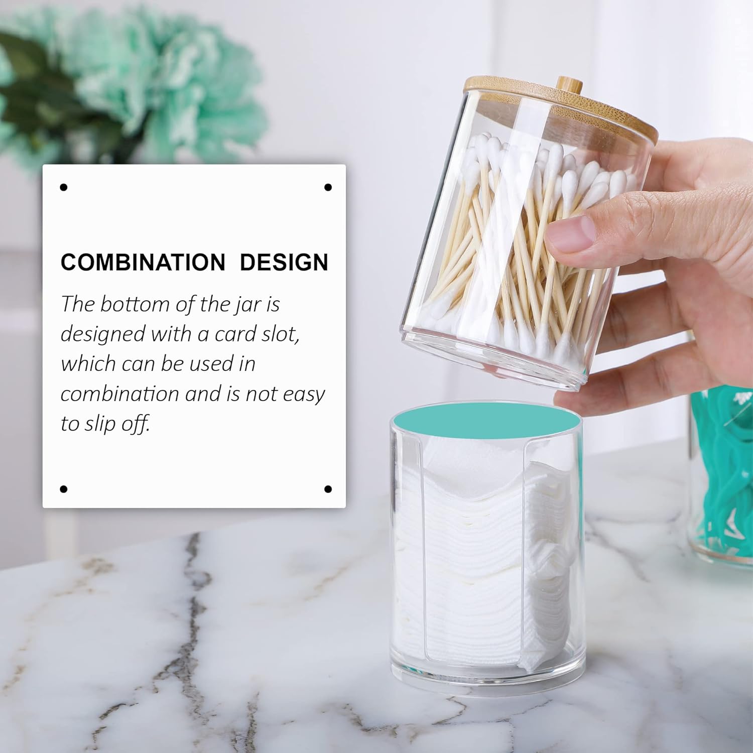 Skiennix Qtip Holder Set - 3 Pcs Clear Acrylic Containers with Bamboo Lid for Cotton Swabs & Pads | Bathroom Organizer