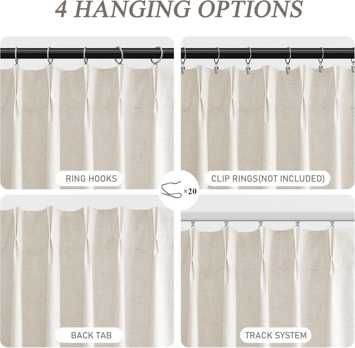 Jowels Cream Linen Blackout Curtains 108 Inch Length 2 Panels Set for Living Room Bedroom, Pinch Pleated Thermal Insulated 100% Black Out Curtains with Hooks, Room Darkening Back Tab Drapes Natural