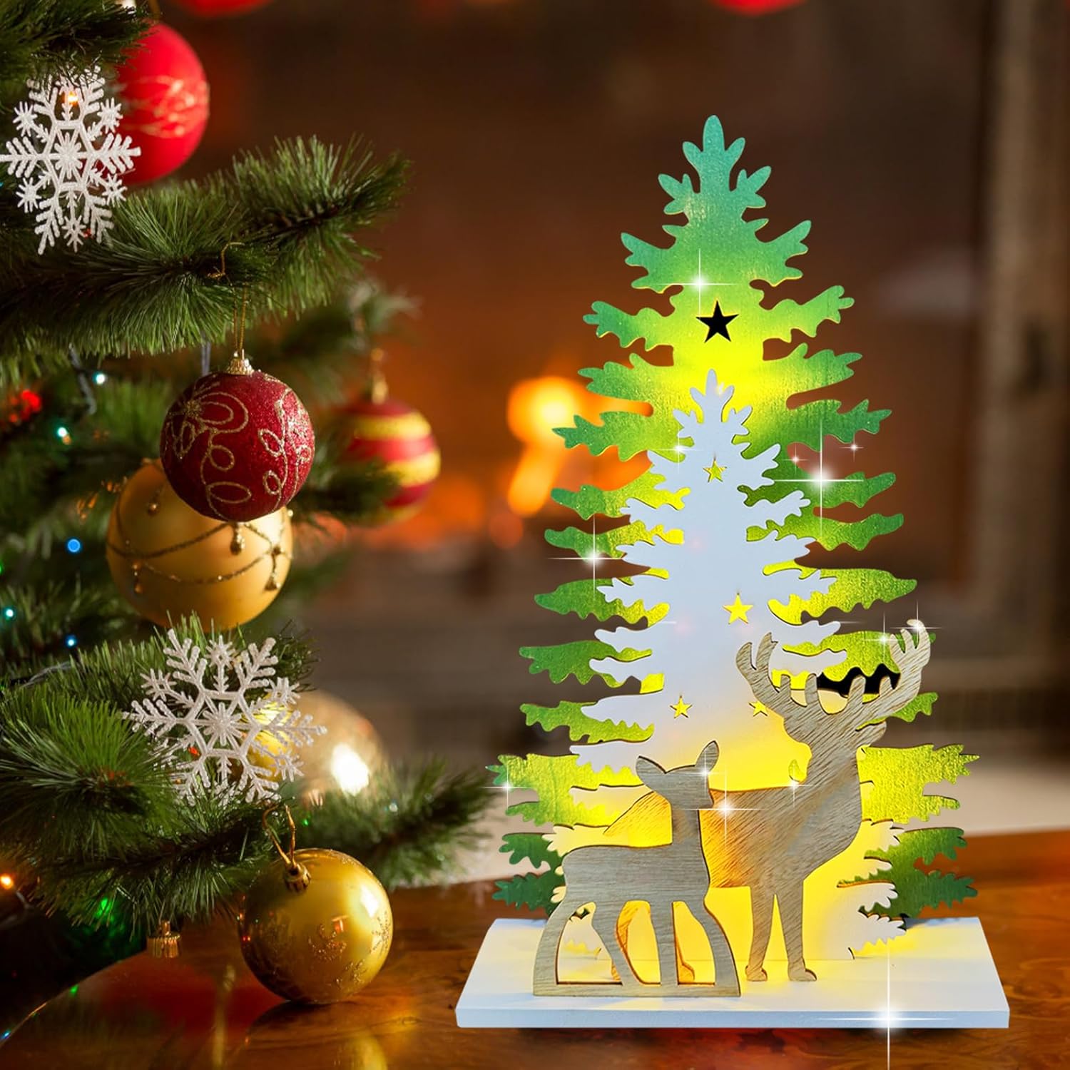 Supergorea Lighted Christmas Tabletop Decorations - Wooden Tree & Deer Decor | LED Battery-Powered, 12.7 Inch