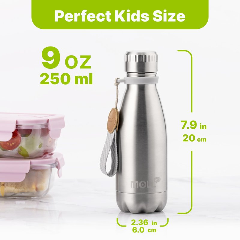 Mollcity 9 oz Water Bottle for Kids-Stainless Steel Vacuum Insulated Sports Flask Leak Proof Small Water Bottles for School (Silver)