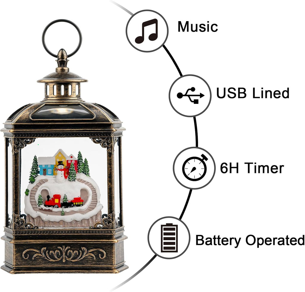 VISFLAIR Snow Globe Lantern - Musical Lighted Christmas Village with Snowman & Train | Battery Operated or USB Powered