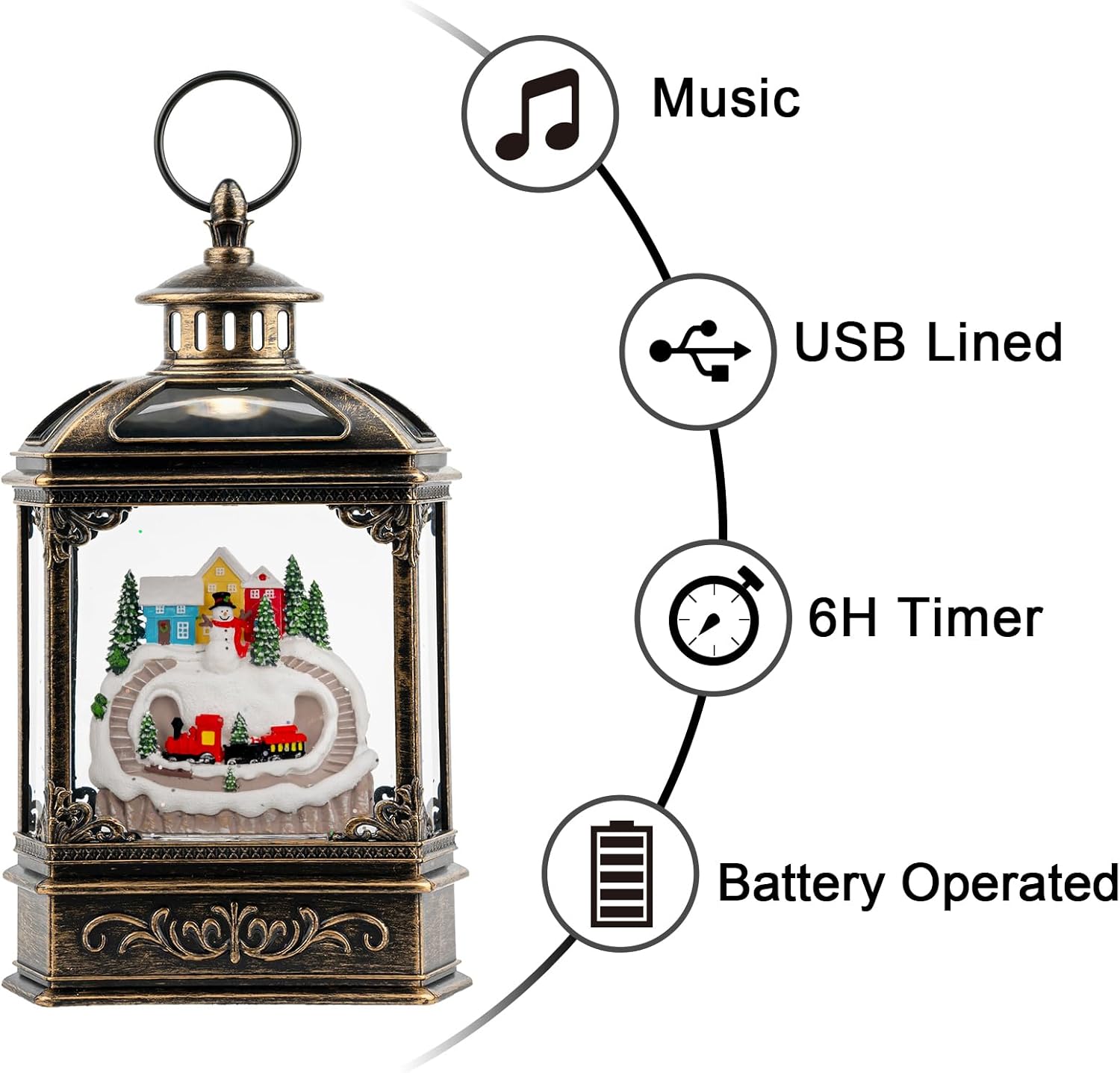 VISFLAIR Snow Globe Lantern - Musical Lighted Christmas Village with Snowman & Train | Battery Operated or USB Powered