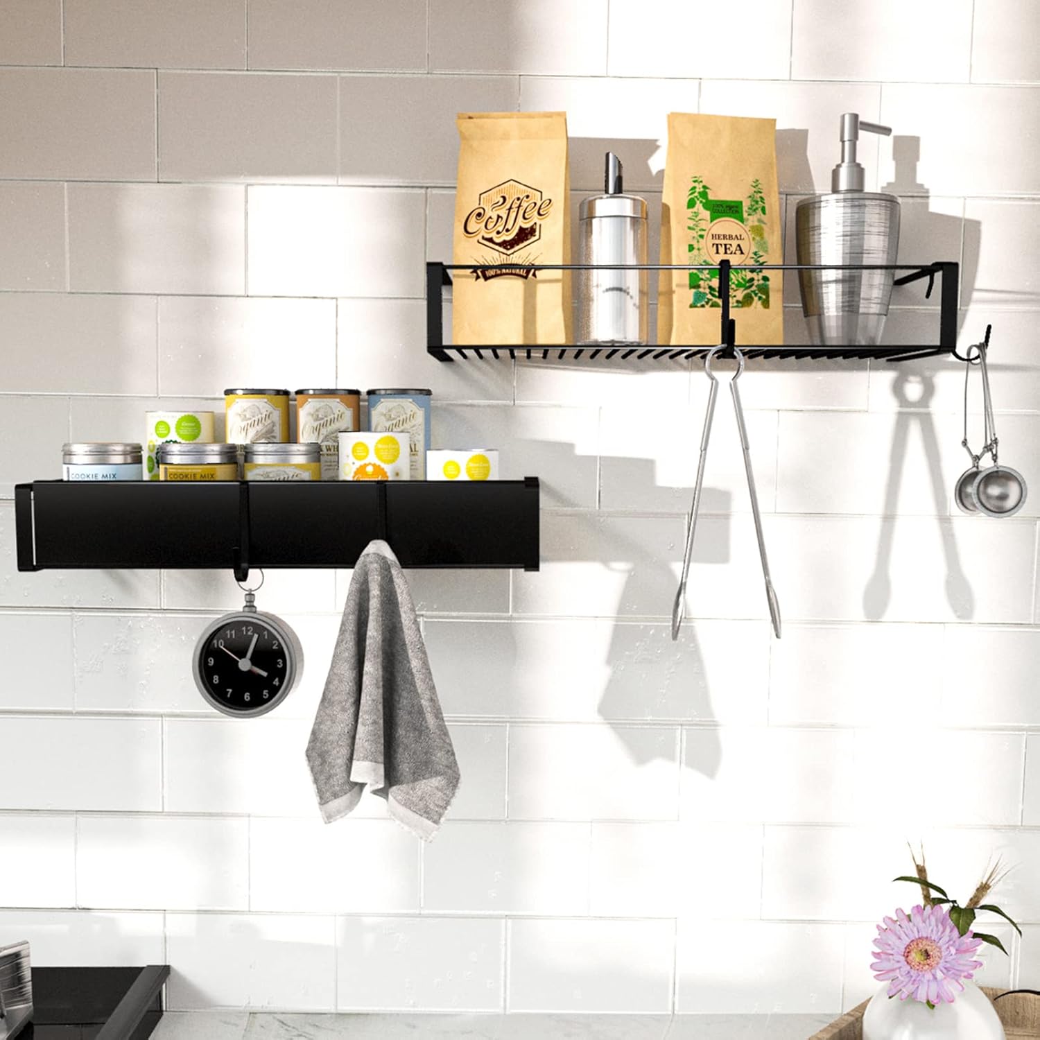 Skiennix Shower Caddy - Adhesive Organizer with Hooks | No-Drill Shower Rack Holder - 2 Pack Black