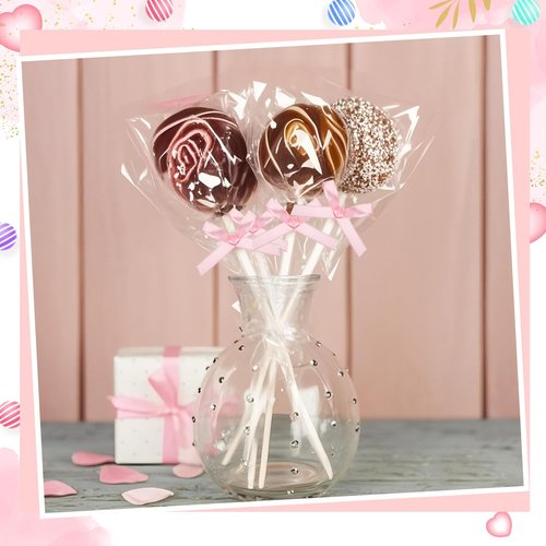 Honoson 50 Sets Cake Pop Sticks and Wrappers Kit with Clear Cake Pop Bags, 6 Inch Paper Lollipop Sticks and Bows for Cakepops, Candy and Chocolate, Valentine’s Day, Wedding and Party Favors (Pink)