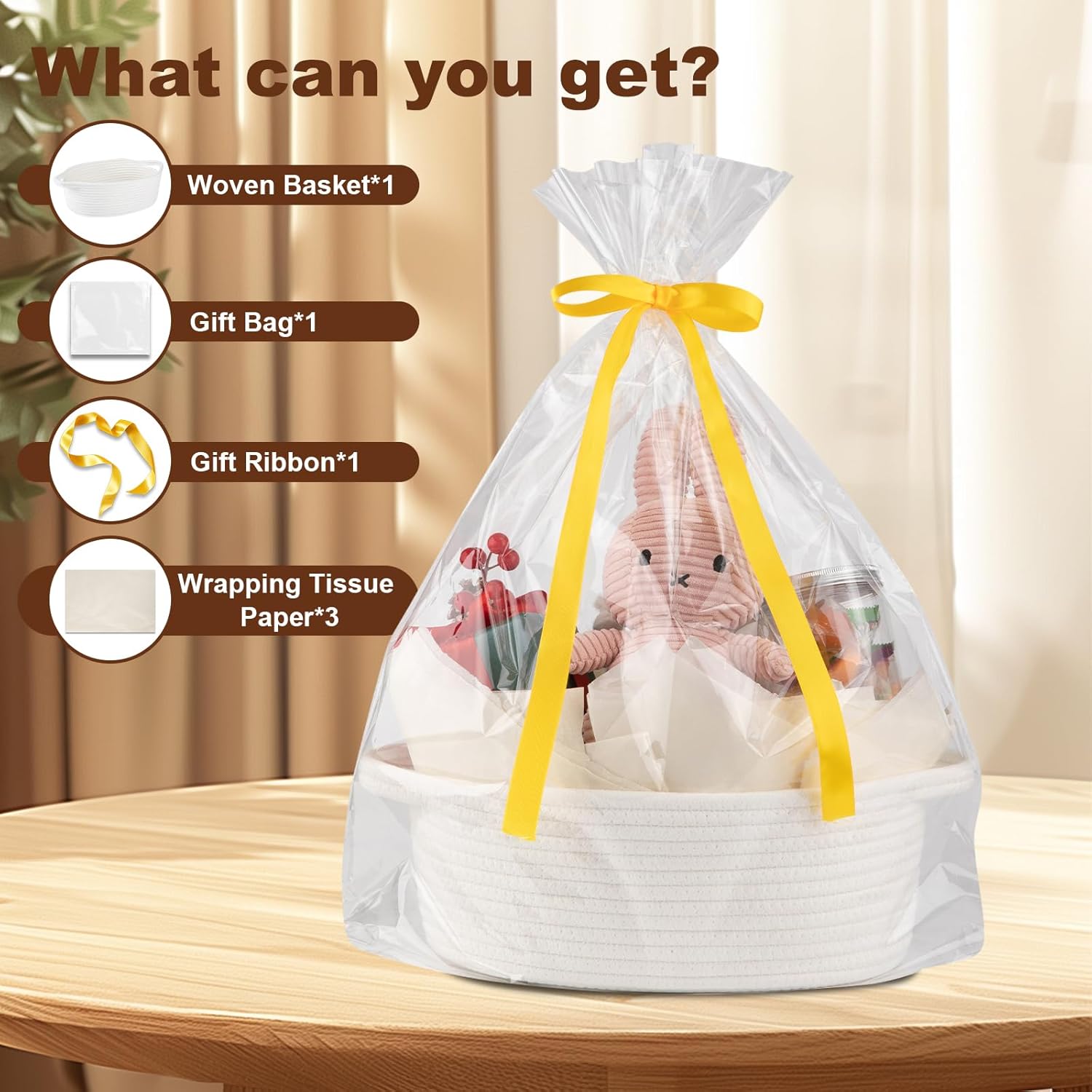 OIAHOMY Woven Gift Basket - Stylish Nursery Organizer with Handle, Gift Bag & Tissue Paper | White
