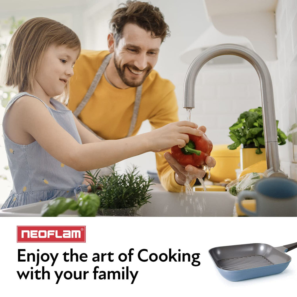 Neoflam Eela 11'' Non Stick Grill Pan Griddle Square Stovetop Grill with Sear Ridges, PFOA Free Ecolon Ceramic Coating for Skillet, broil, Fish, Vegetables and Meat, Scratch Resistant, Blue