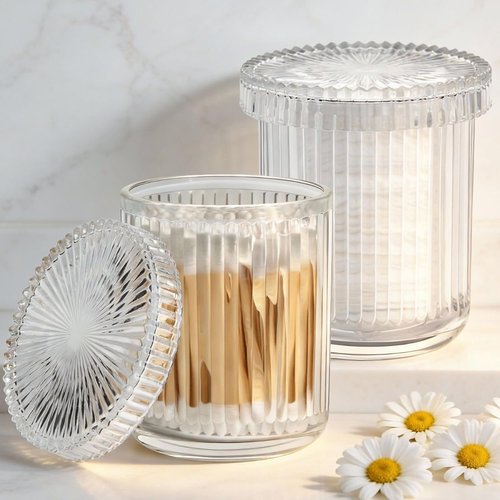 Clear Apothecary Jars | 2 Pack Glass Qtip Holder Dispenser Set - Stylish Bathroom Organizer for Cotton Swabs, Balls, Pads