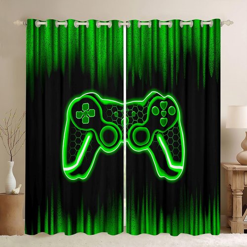 Feelyou Gamer Curtains for Bedroom Living Room (2 Panels, 38 x 45 Inch) Kids Game Controller Blackout Curtains Boys Teens Green Black Darkening Drapes Gaming Window Treatments