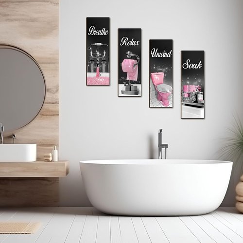 Honoson Bathroom Wall Art - 4 Pcs Farmhouse Decor Signs for Soak, Unwind & Relax | Black & Pink