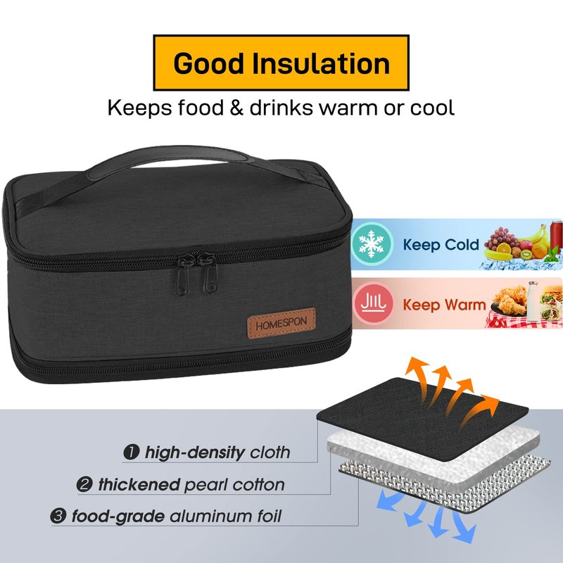 Buringer HOMESPON Expandable Lunch Bag for Men Women Insulated Lunch Box Holder with Handle for Picnics Work Travel(Black)