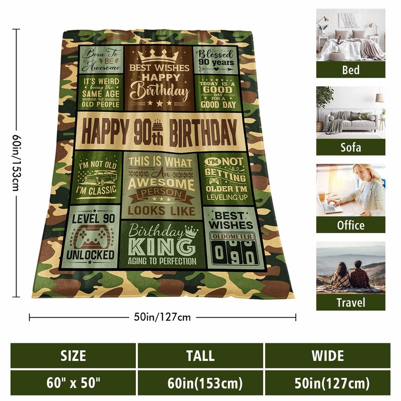 Whasnrt 90th Birthday Gifts for Men, 90 Year Old Birthday Gifts for Man, Happy 90 Birthday' for Men Blanket 60" X 50", Gifts for 90' Year Old Man, 90th Birthday' Gifts Ideas