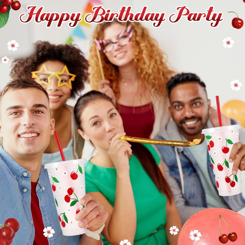 Potchen 12 Pcs Cherry Plastic Cups 24 oz Reusable Red Cherry Tumbler with Lids and Straws Reusable Drinking Juice Cups for Sweet One First Birthday Summer Fruit Birthday Daily Party Supplies