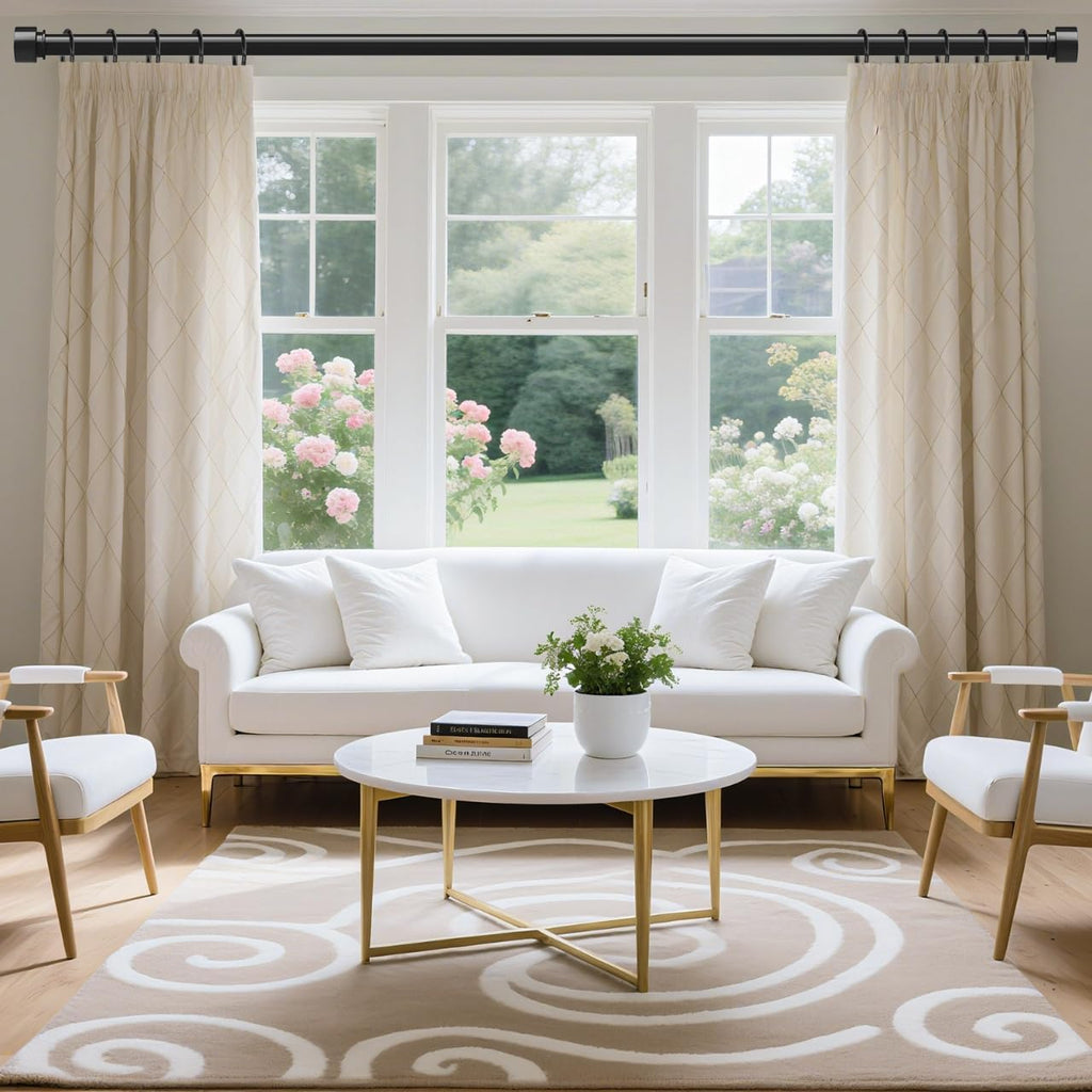 VOIIY Heavy Duty Curtain Rods - Adjustable 66 to 120 Inch, Black 1'' Diameter with Modern End Caps