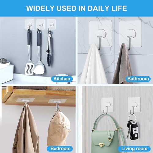 JINSHUNFA Heavy Duty Adhesive Wall Hooks - 13LB No Drill Transparent Waterproof - 8 Pack for Bathroom & Kitchen