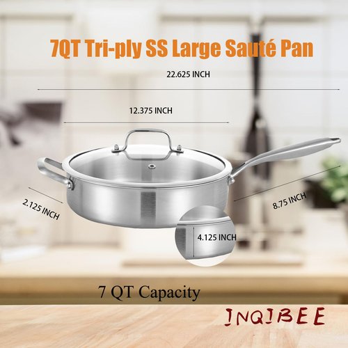 Inqibee Tri-Ply 7 Quarts Stainless Steel Sauté Pan with Lid, 12 Inch Induction Deep Frying Pan, Large Skillet,Jumbo Cooker, Dishwasher and Oven Safe,Detachable Handle.