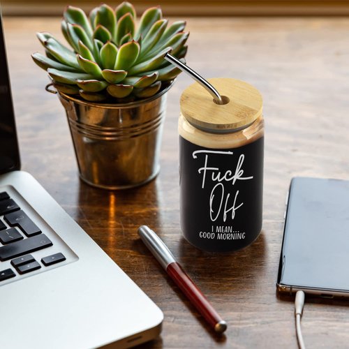 Heather & Willow Set of 2 | 16 oz Iced Coffee Cup with Bamboo Lids + Straws | Mason Jar Cups & Iced Coffee Tumbler with Lid and Straw | Glass Cups for Coffee, Boba Cup | Beer Can Glass & Smoothie Cup