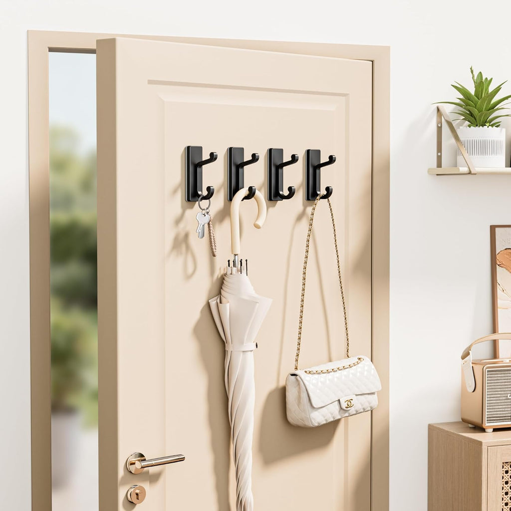 Self Adhesive Wall Hooks - Black Sticky Hangers | Holds 13Lbs for Clothes, Towels & Keys - 4 Pack