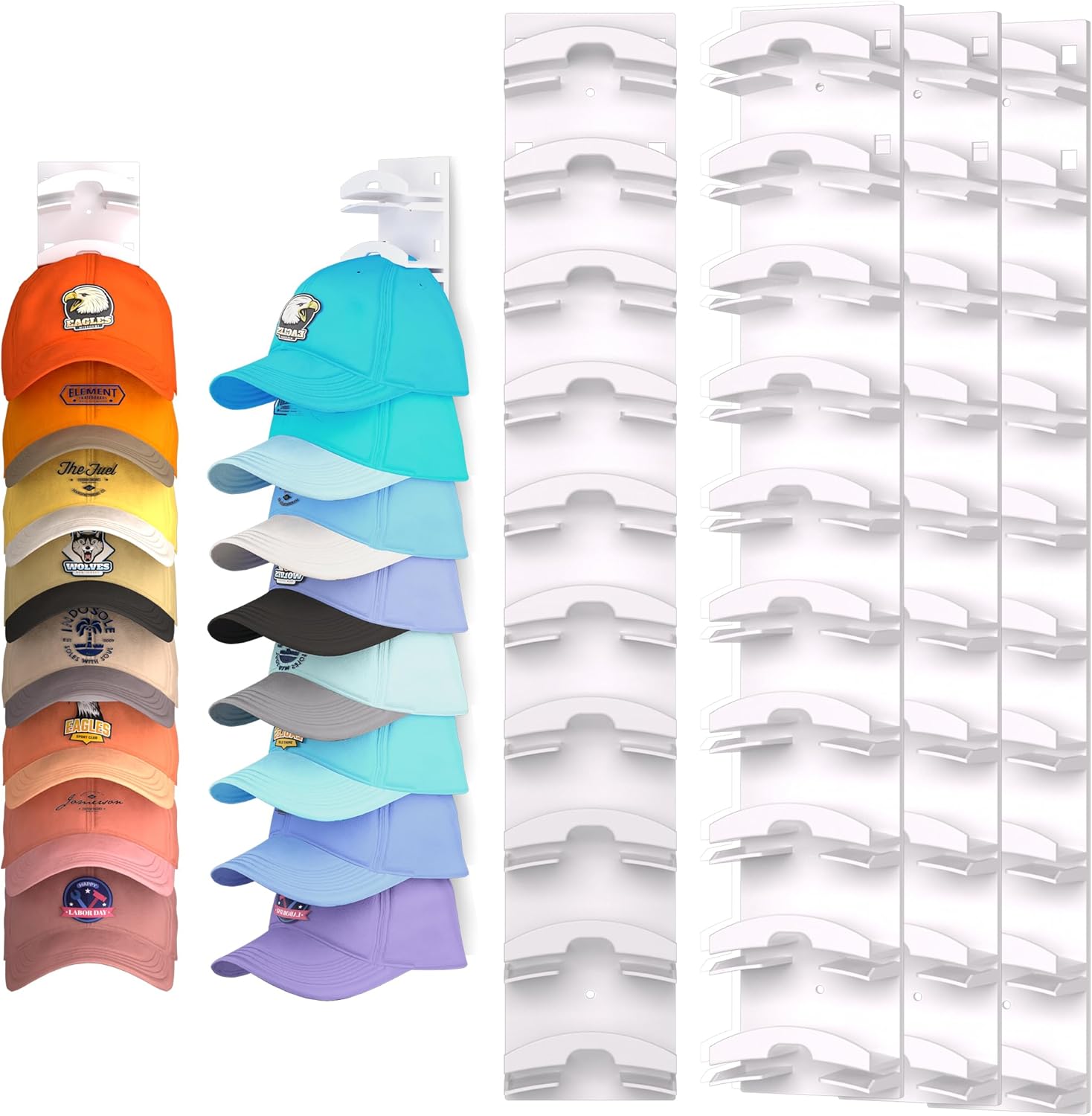 Skiennix Hat Organizer - Wall-Mounted Rack for Up to 40 Baseball Caps - Strong Adhesive, White