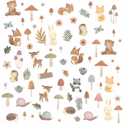 Kazova Woodland Animals Wall Stickers 93 Pcs 3 Sheets Cute Mushroom Forest Decals Peel and Stick for Kids Room Nursery Bedroom Playroom Decor