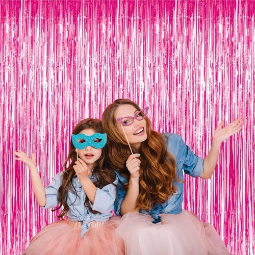 GOER Metallic Tinsel Foil Fringe Curtains - 3.2 ft x 8.2 ft Hot Pink Party Backdrop for Celebrations