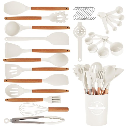 Gaixvny Kitchen Utensils Set - 34 PCS Non-Stick Silicone Cooking Utensils Set Spatula Set with Holder, Wooden Handle Spoon,Brush,Whisk Kitchen Gadgets Tools Set for Nonstick Cookware (Cream White-34P)