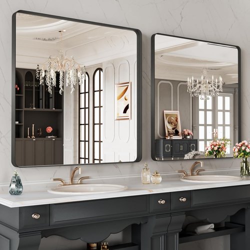 LOAAO Black Metal Framed Bathroom Mirror - 32x32 Inch Matte Black Vanity Mirror | Anti-Rust, Versatile Hanging Options