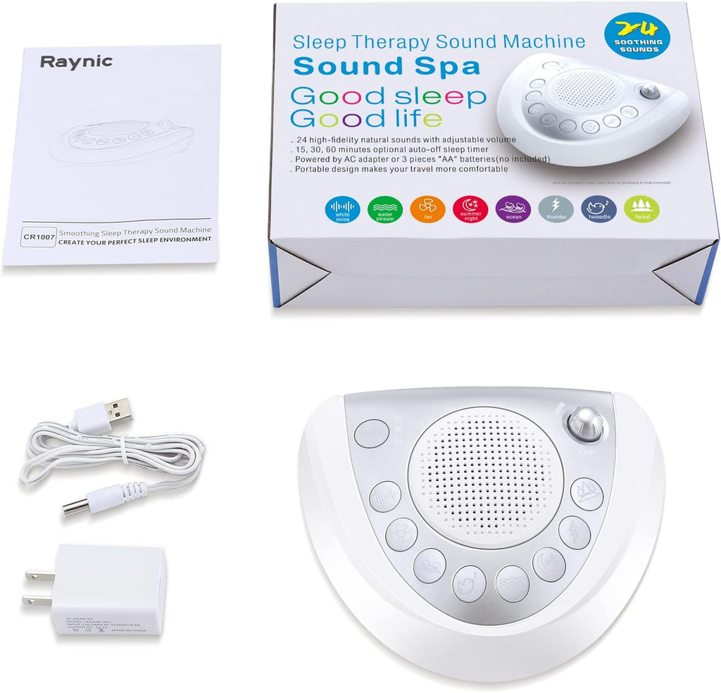 Raynic White Noise Machine - Portable Sleep Sound Device with 24 Soothing Sounds | USB Port & Timer, Silver