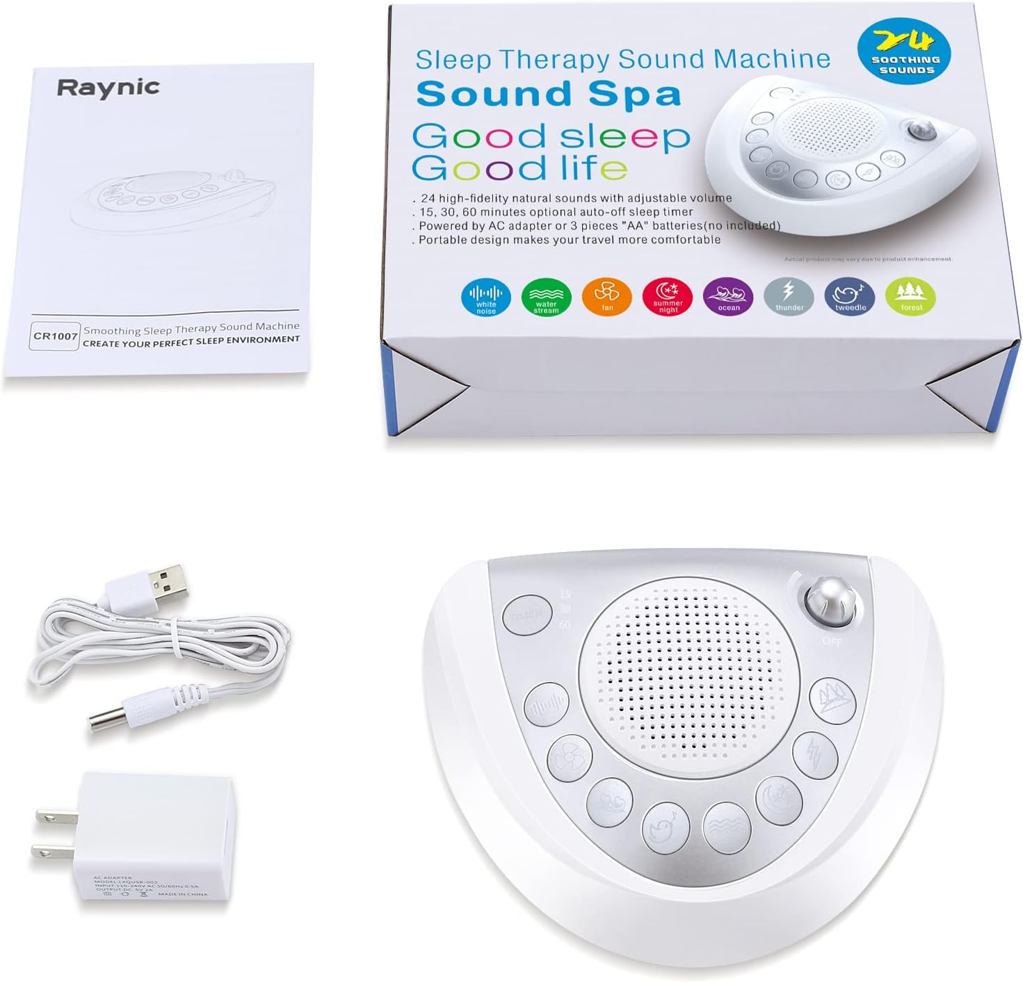 Raynic White Noise Machine - Portable Sleep Sound Device with 24 Soothing Sounds | USB Port & Timer, Silver