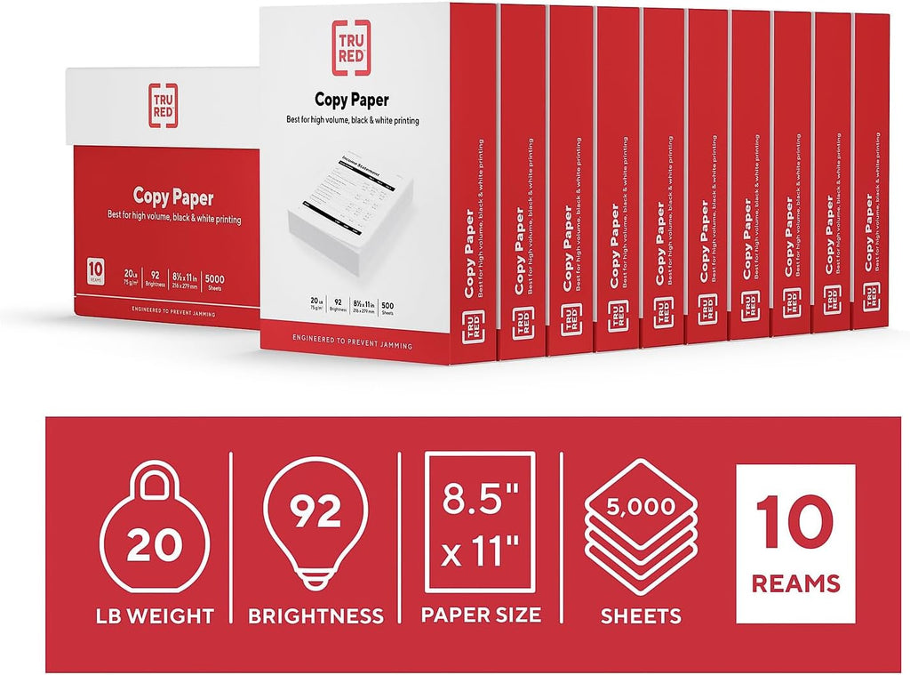 TRU RED Copy Paper - 20 lb, 92 Bright, 8.5x11 Inches - 5000 Sheets for Office, School & Home