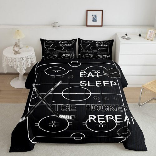 jejeloiu Kids Ice Hockey Comforter Set Twin Size Ice Sports Games Comforter Boys Girls Eat Sleep Hockey Ball Pattern Bedding Set Gaming Sports Theme Black Quilt Set