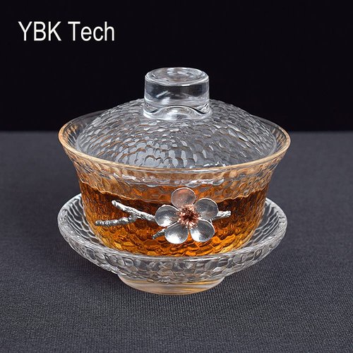 Eplze YBK Tech Crystal Gaiwan, Glass Kung Fu Tea Cup with Saucer and Lid, Chinese Traditional, Sancai Tea Bowl (Clear cup with plum flower)