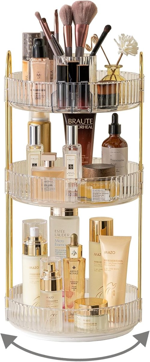 Asayuee 360° Rotating Makeup Organizer - Large 3-Tier Storage for Cosmetics & Skincare | Clear