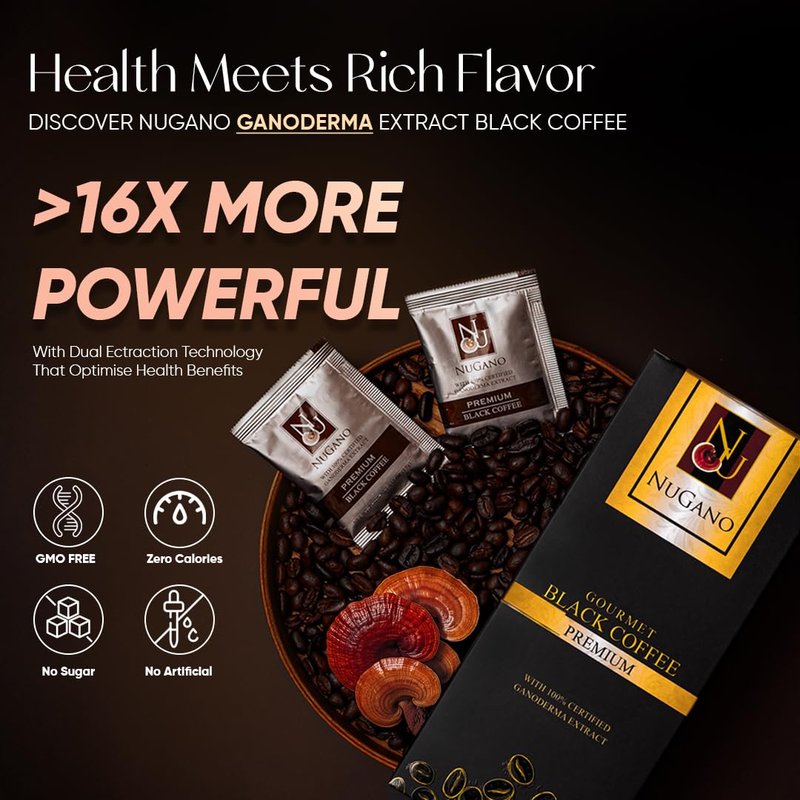 Nugano Black Coffee with 100% Certified Ganoderma Lucidium Extract Bold and Flavorful Gourmet Instant coffee 30 Servings (1, 1 Box)
