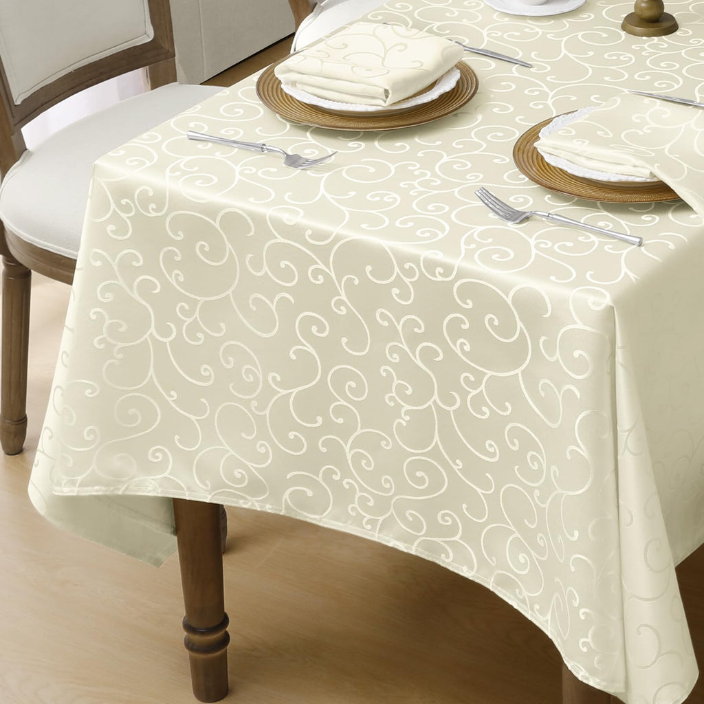 Romanstile Jacquard Rectangle Tablecloth, Waterproof Elegant Damask Curly Floral Pattern Table Cloth, Washable Decorative Polyester Table Cover for Kitchen/Dining/Parties - Ivory/Cream, 60 x 104 Inch