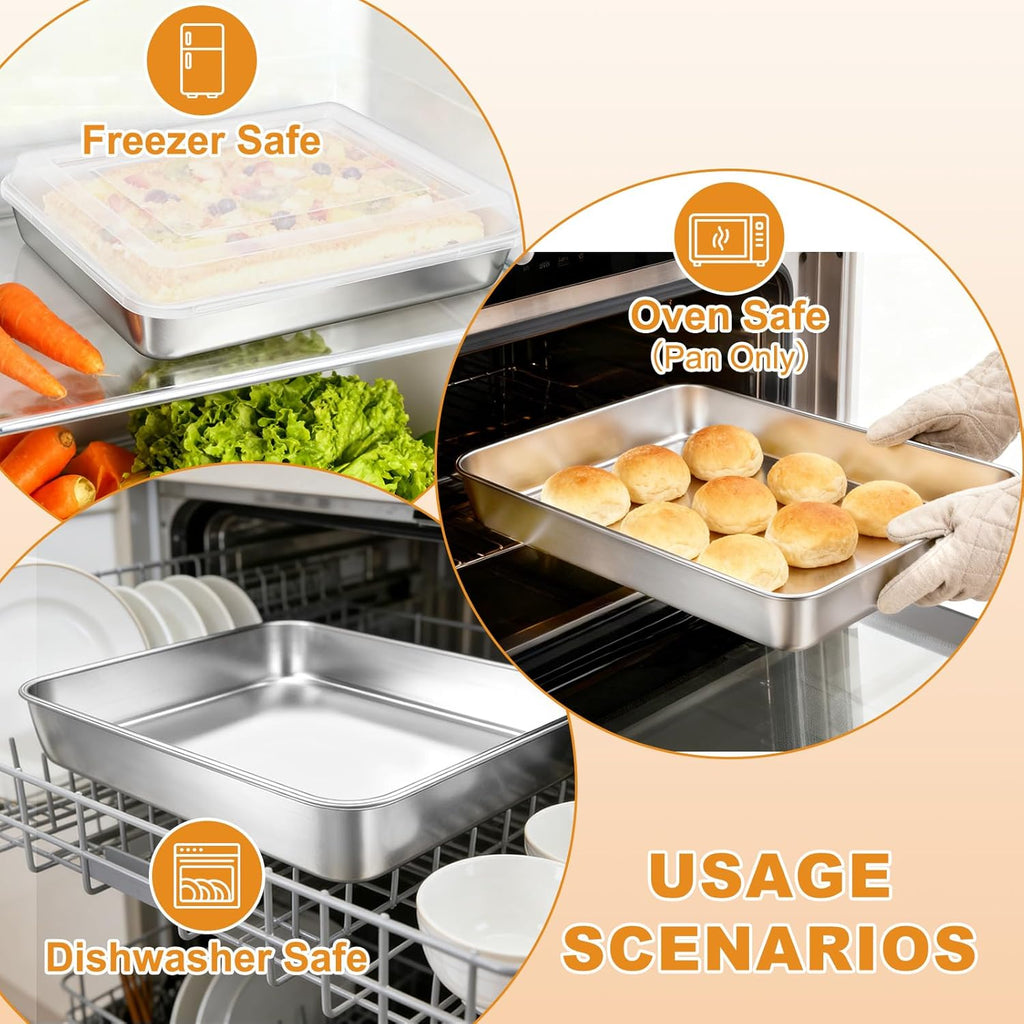 Regine Switzerland Stainless Steel Baking Pan - Deep Rectangle Cake Pan with Lid, 12⅓ x 9¾ x 2 Inch, Heavy Duty & Oven Safe (2 Pans + 2 Lids)