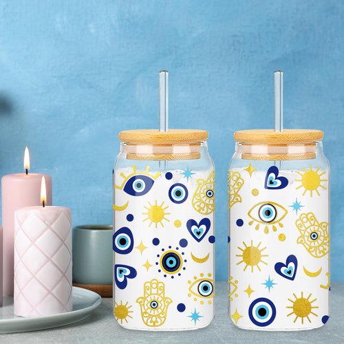 Whaline 2 Pack Evil Eyes Iced Coffee Cup Blue Evil Eye Hamsa Hand Drinking Glasses Astrological Beer Can Glass with Lid Straw Cleaning Brush for Home Office Women Gifts,16oz